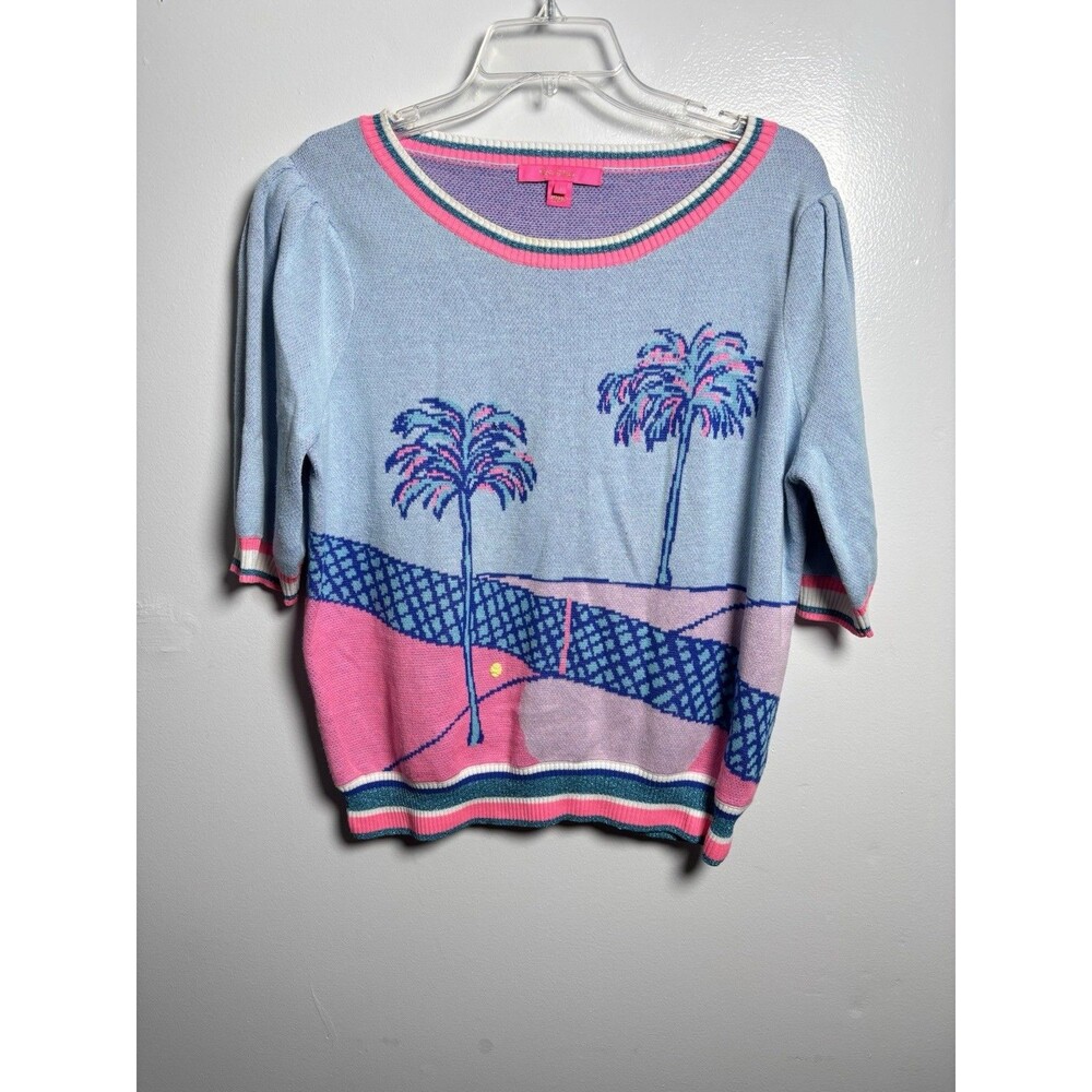 Lilly Pulitzer Short Puff Sleeve Sweater Blue Pink Palm Trees Tennis Sparkle L